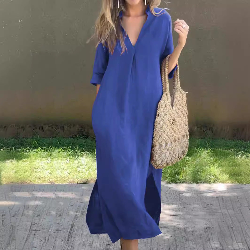 💃💋【50% zniżki 🔥】【S–3XL】Długa lniana spódnica z dekoltem w serek i rozcięciem, wygodna i lekka, idealna na lato