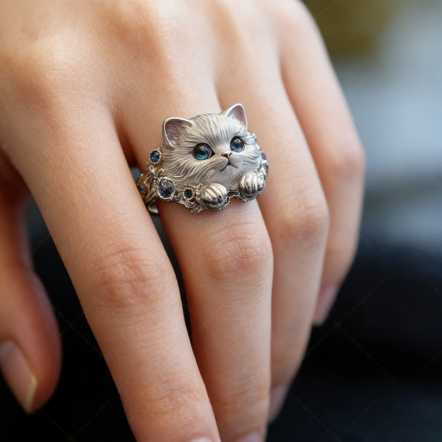 【Kup jeden, a drugi dostaniesz gratis】🎁😍🎁😍Prosty i elegancki pierścionek z kotkiem ze srebra próby 925 z diamentami-4253202