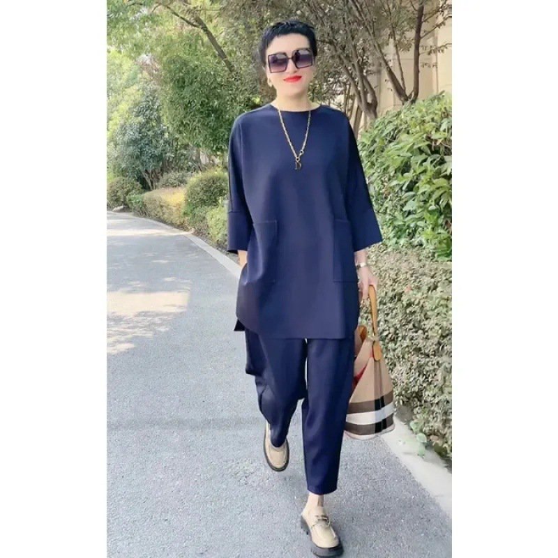 ššćM-3XLć 2025 noi de primÄvarÄ Či varÄ culoare uni topuri casual din douÄ piese + pantaloni-3970878