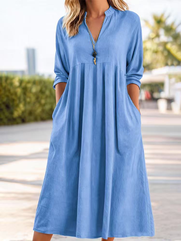 💃【50% zniżki】Nowa modna sukienka retro z dekoltem w serek z bawełny i lnu-4238995