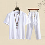 【Top + Pantaloni】 Costum de agrement pentru bărbați, lejer și respirabil, din bumbac și in de înaltă calitate-3967330