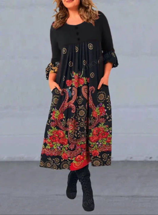 【S-5XL】👗2024 noua rochie casual cu maneca lunga cu imprimeu retro de toamna si iarna