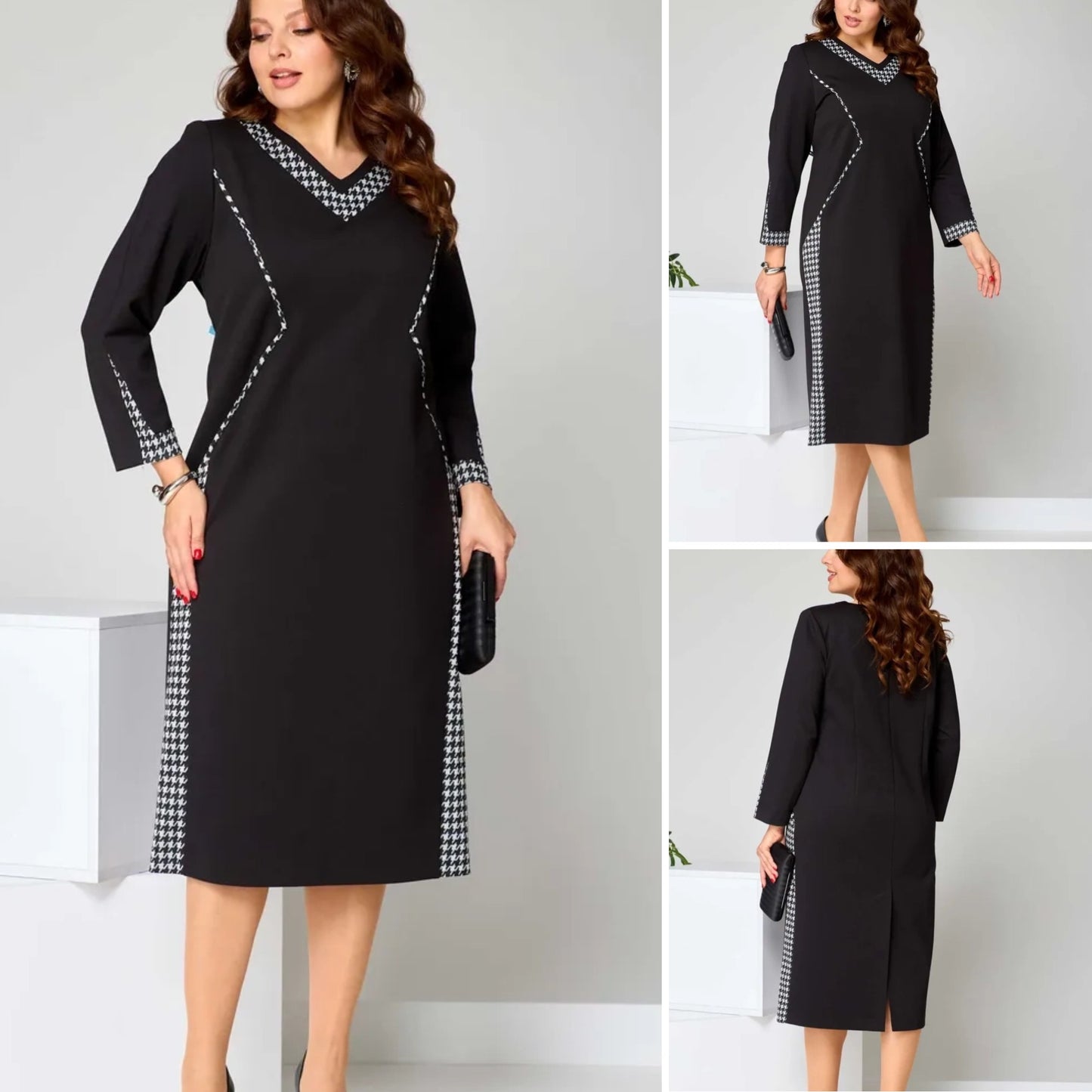 🌈🎀【S-5XL】Rochie elegantă, cu decolteu în V, cu design în două culori, noua modă de iarnă 2025-3863969