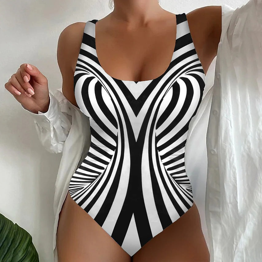 【😍S~6XL】Seksowny, jednoczęściowy kostium kąpielowy w paski-4205953
