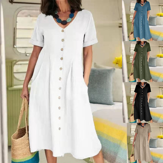 ❤️50% de descuento💥【S-5XL】Vestido de mujer de algodón y lino con mangas abullonadas y botones