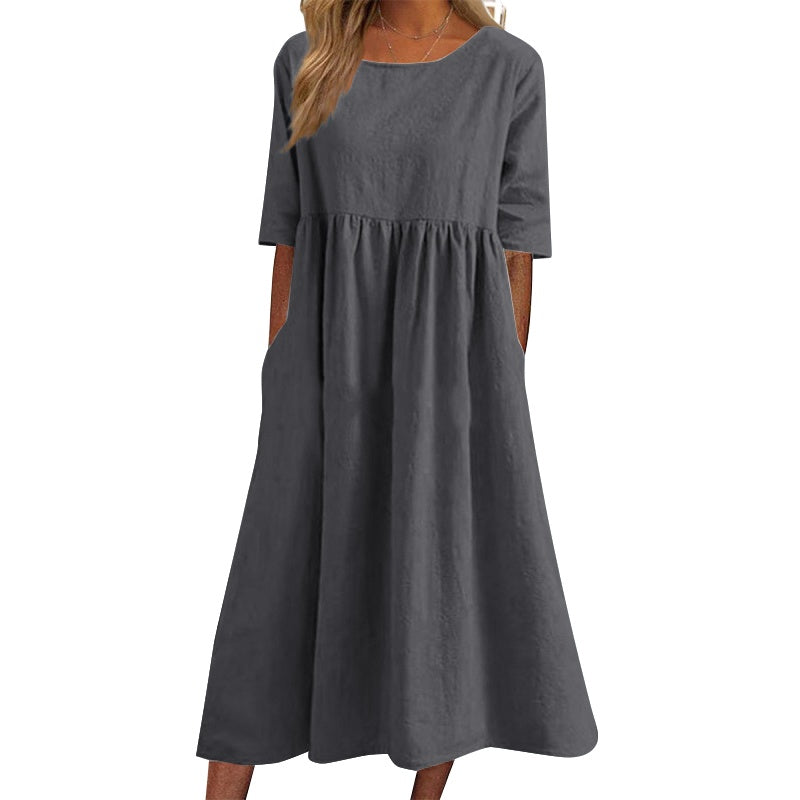 🌺✨【S-5XL】2026 Casualowa bawełniana sukienka w jednolitym kolorze z kieszeniami-4242052