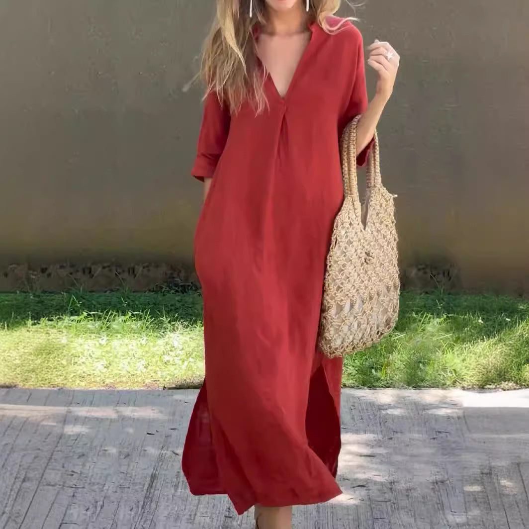 💃💋【50% zniżki 🔥】【S–3XL】Długa lniana spódnica z dekoltem w serek i rozcięciem, wygodna i lekka, idealna na lato