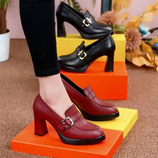 👠【35-40】2025 Noua Talpă groasă Toc gros Moda Damă Toc Înalt Pantofi din piele-3879537