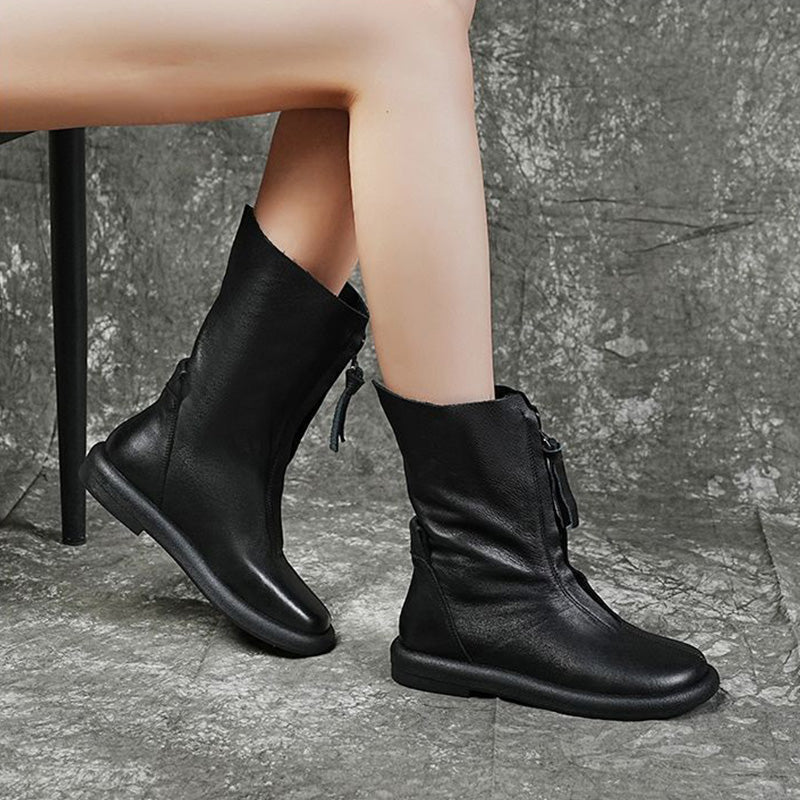 🔥【35~40】Cizme din piele italiană lucrate manual, cizme confortabile din piele naturală, cu talpă moale, cu toc plat, la jumătatea gambei-3815561