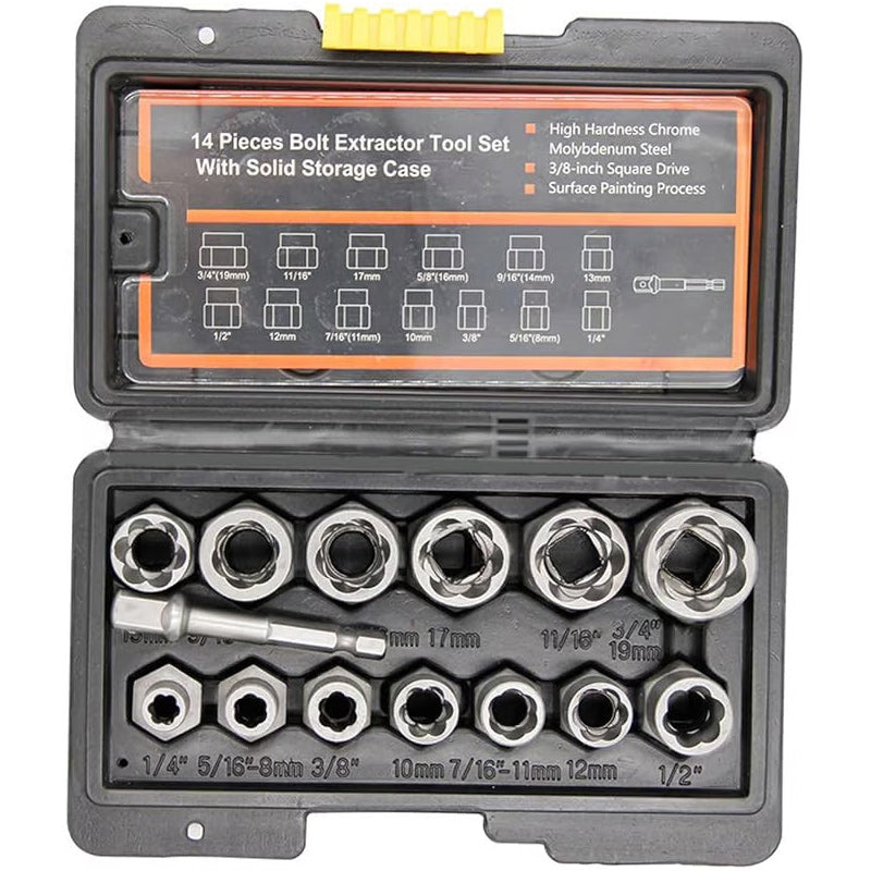 Zestaw 14 narzędzi do usuwania zerwanych śrub i nakrętek.