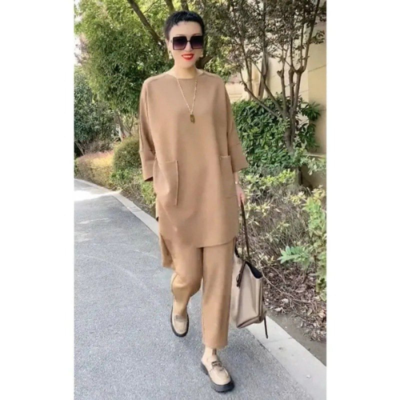 🍁🍂【M-3XL】 2025 noi de primăvară și vară culoare uni topuri casual din două piese + pantaloni-3970878