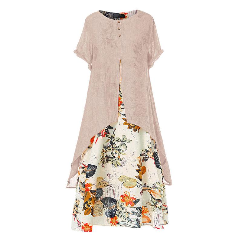 ❤ Rochie din două piese imprimat din bumbac și in cu guler rotund falsă-3916421