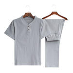 【Top + Pantaloni】 Costum de agrement pentru bărbați, lejer și respirabil, din bumbac și in de înaltă calitate-3948098