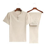 【Top + Pantaloni】 Costum de agrement pentru bărbați, lejer și respirabil, din bumbac și in de înaltă calitate-3967330