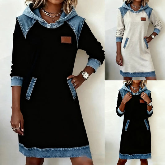 🔥【Kupte 1 a získejte 1 zdarma】🌷🌞Zimní novinka Módní džínové patchworkové šaty s kapucí-4163714