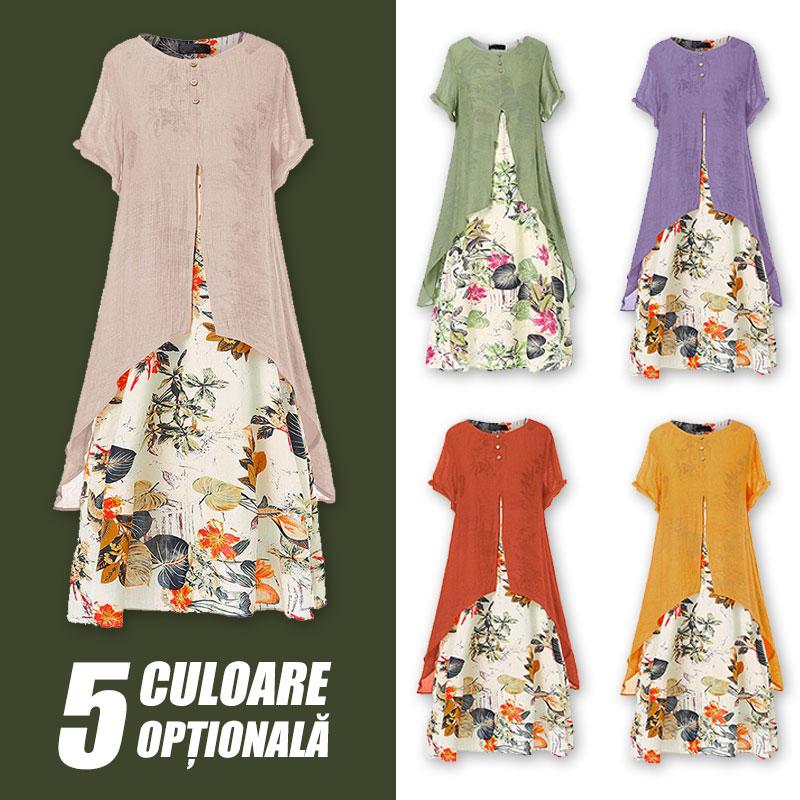 ❤ Rochie din două piese imprimat din bumbac și in cu guler rotund falsă-3916421