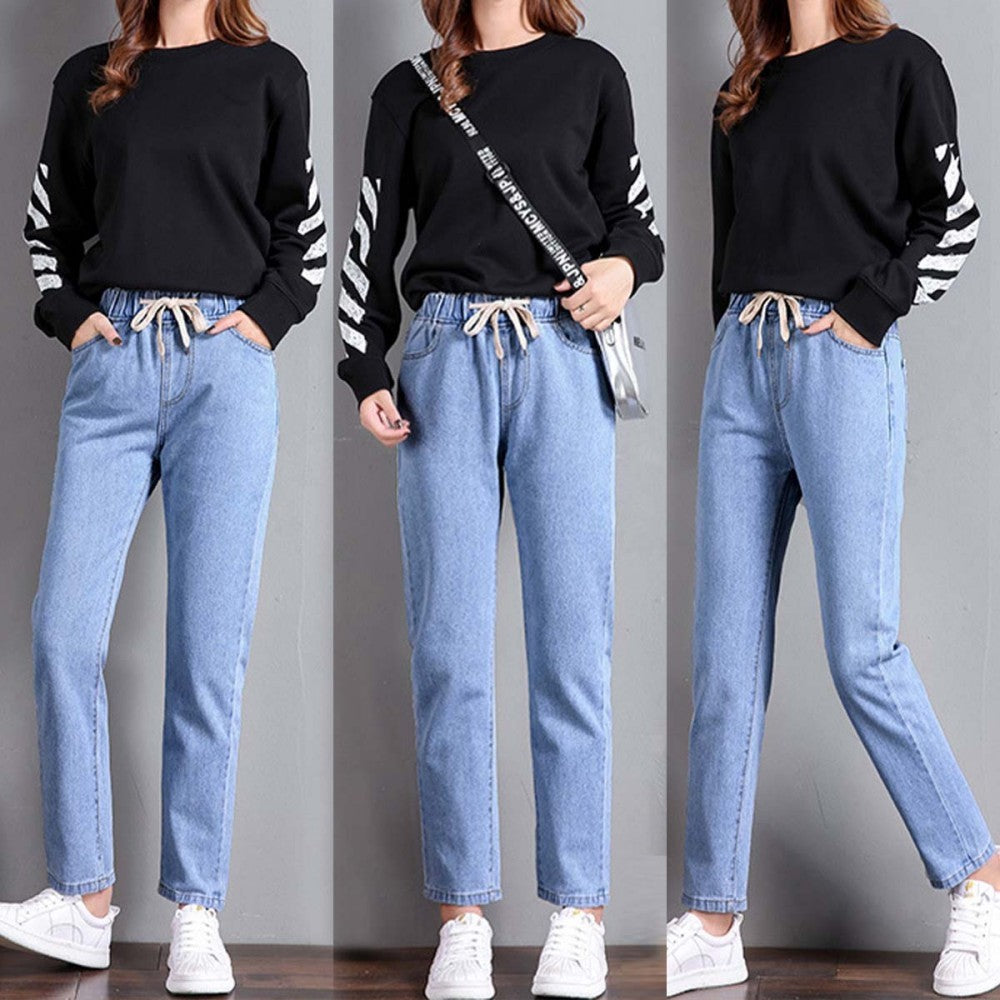 Damskie jeansy casualowe z prostymi nogawkami, elastycznym pasem i sznurkiem ściągającym, luźny, skrócony fason