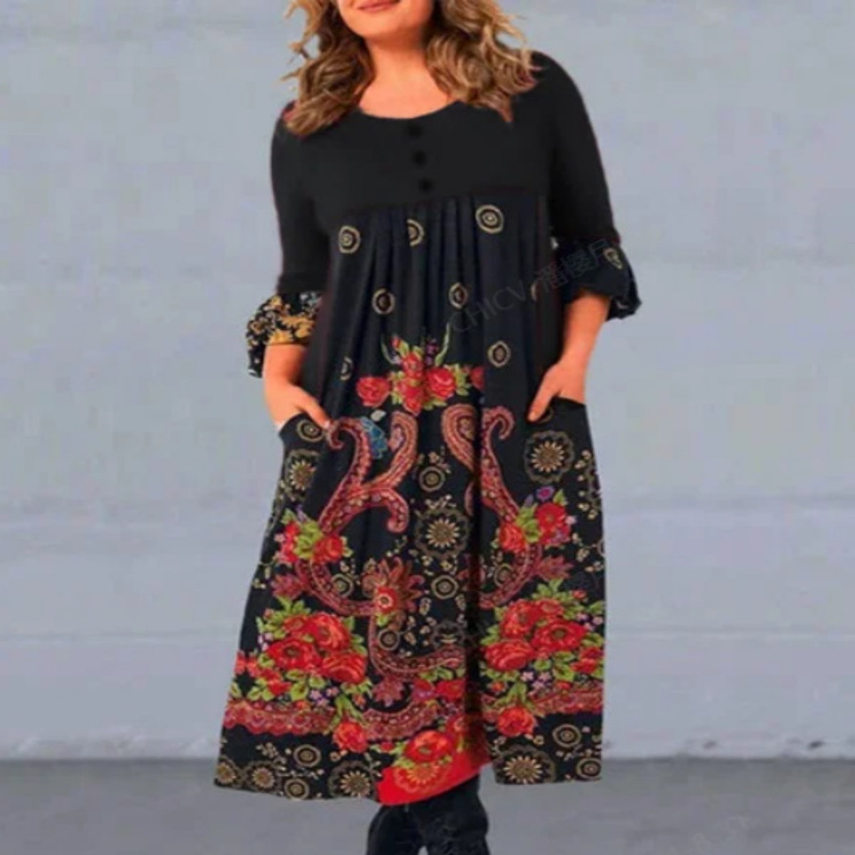 【S-5XL】👗2024 noua rochie casual cu maneca lunga cu imprimeu retro de toamna si iarna