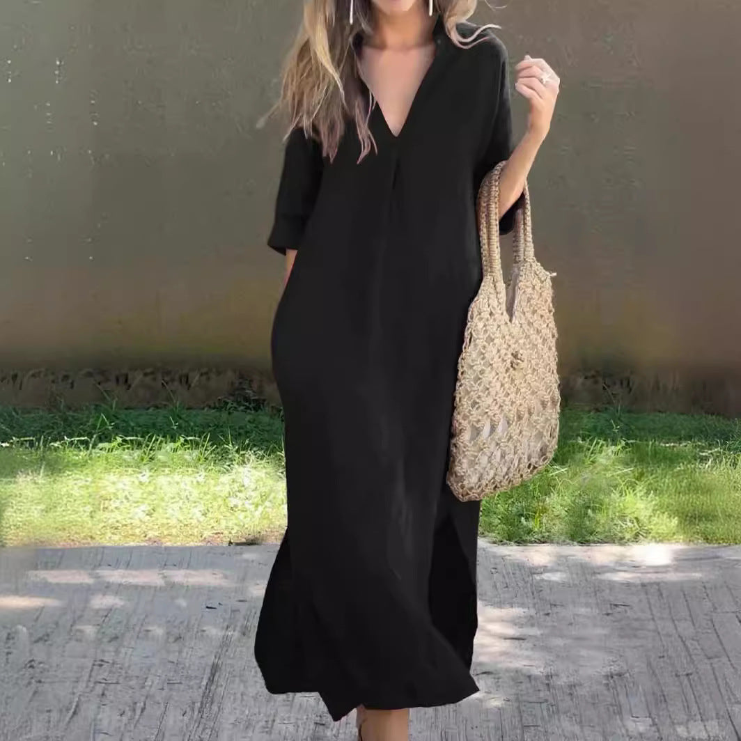 💃💋【50% zniżki 🔥】【S–3XL】Długa lniana spódnica z dekoltem w serek i rozcięciem, wygodna i lekka, idealna na lato