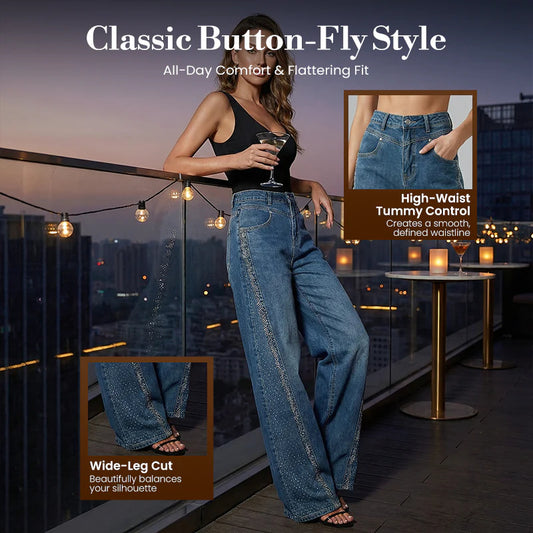 🌼【Specjalna oferta wiosenna】✨Damskie jeansy z szerokimi nogawkami i ćwiekami ze strasu-4253270