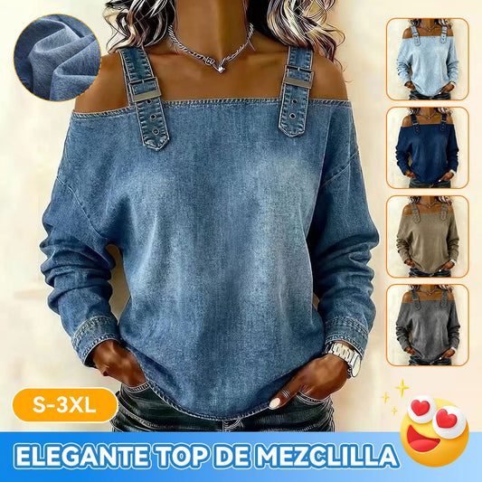 👕【Alta calidad】Blusa femenina estilo denim con cuello V y volantes elegantes para primavera