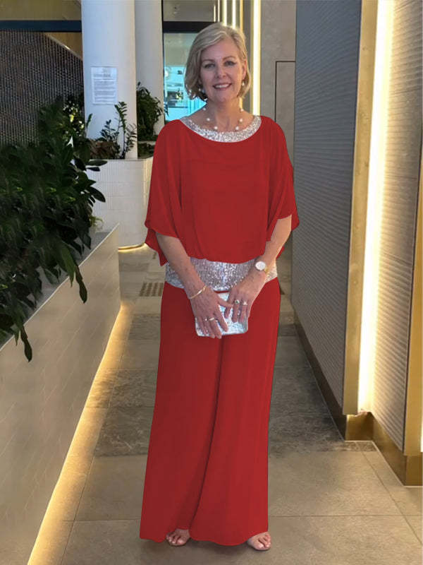 🥰💐【S-3XL】2026 Nowy zestaw spodni z szeroką nogawką z cekinami i okrągłym dekoltem-4243266
