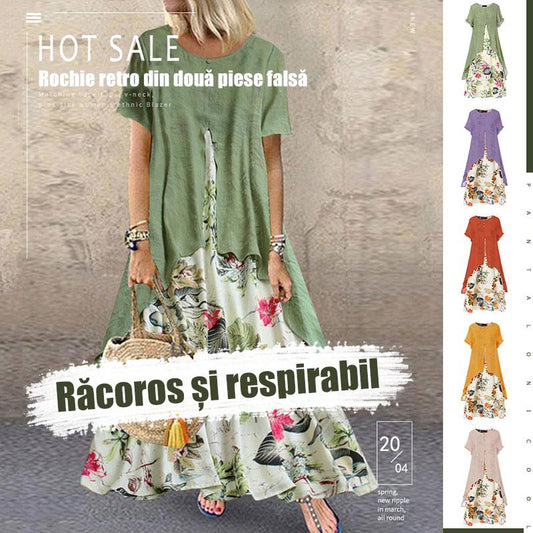 ❤ Rochie din două piese imprimat din bumbac și in cu guler rotund falsă-3916421