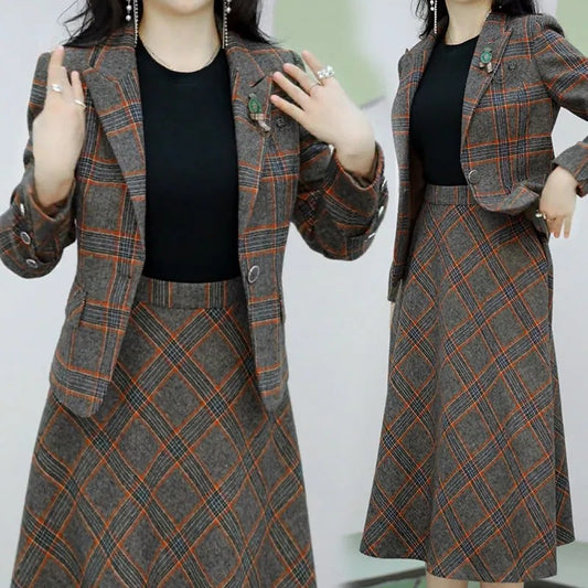 【M-5XL】2024 costum mic în carouri fustă temperament subțire costum din două piese-3834457