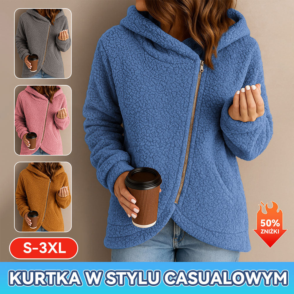 Nowa damska luźna, modna bluza z polaru jagnięcego z długim rękawem i kapturem zapinana na zamek-4211299