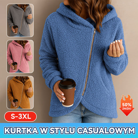 Nowa damska luźna, modna bluza z polaru jagnięcego z długim rękawem i kapturem zapinana na zamek-4211299