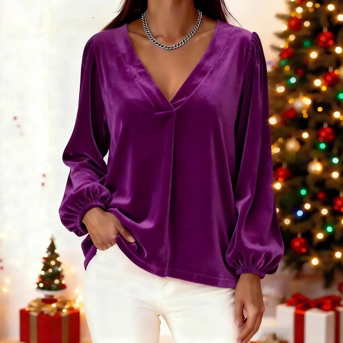 🥰🥰[M-3XL]🌺Camiseta de manga farol con cuello en V de terciopelo dorado de lujo, la más vendida