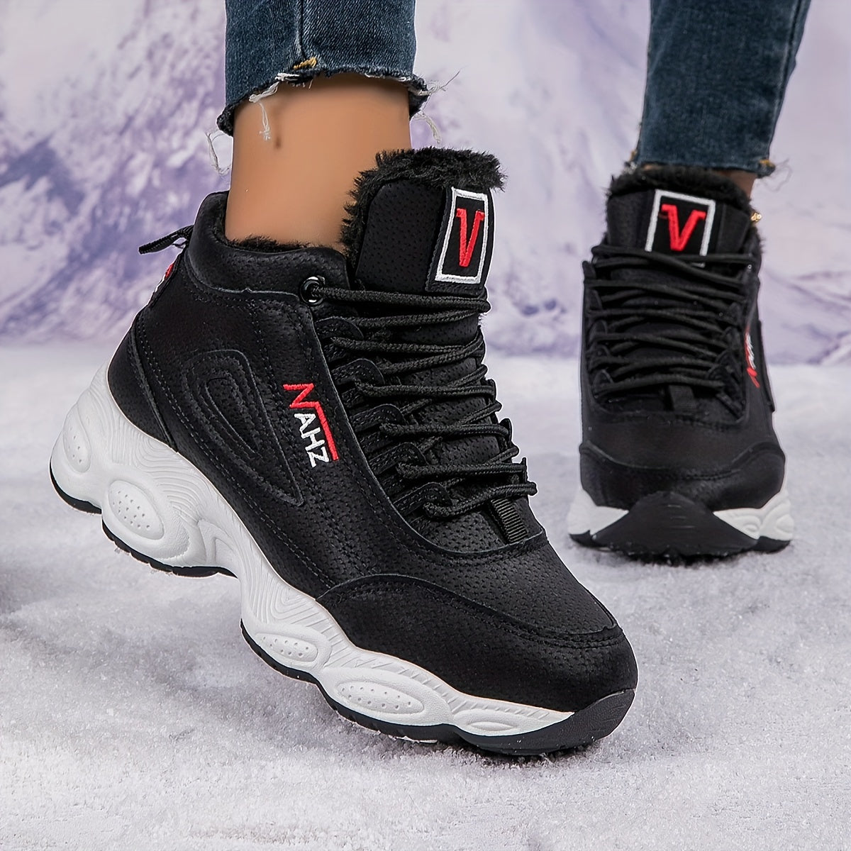 Nowe, zimowe, damskie, codzienne buty sportowe z polarową wyściółką, ciepłe i z grubą podeszwą【35-41】-4210175