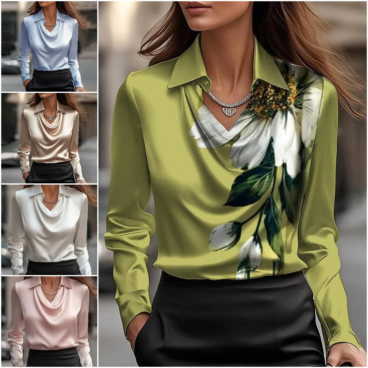 🔥【Nueva moda de otoño e invierno】✨Camisa de solapa estampada de color sólido para mujer-4146785