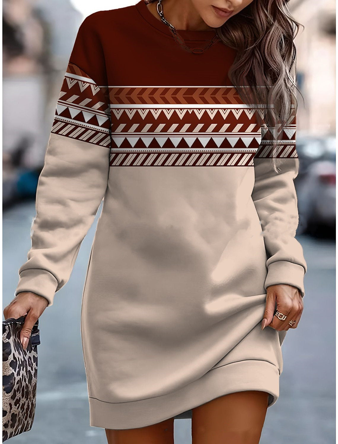【S-3XL】Nowa jesienno-zimowa sukienka z kontrastowym nadrukiem z okrągłym dekoltem i bluzą z okrągłym dekoltem