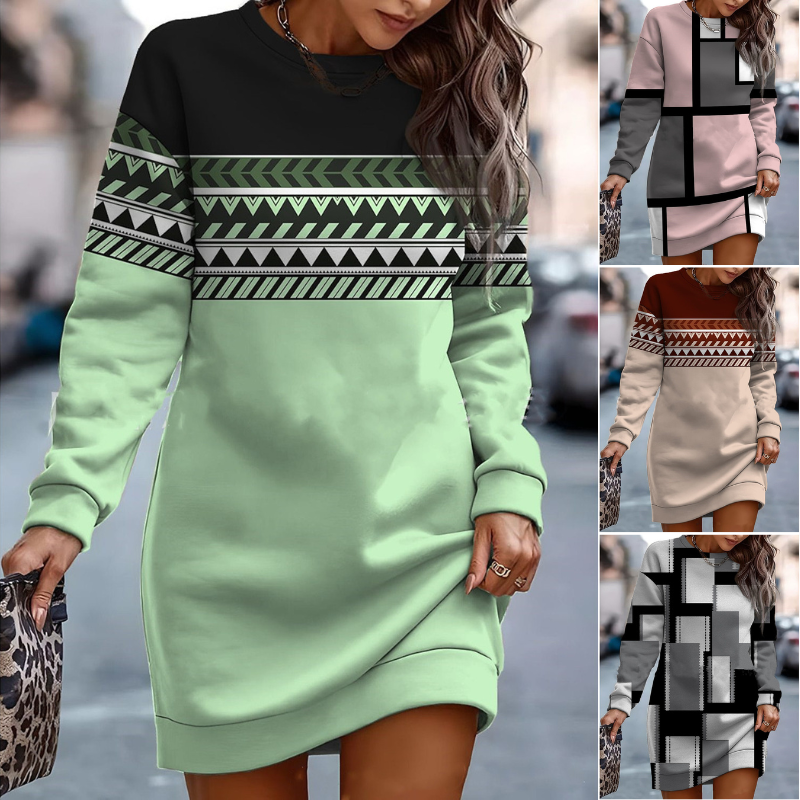 【S-3XL】Nowa jesienno-zimowa sukienka z kontrastowym nadrukiem z okrągłym dekoltem i bluzą z okrągłym dekoltem