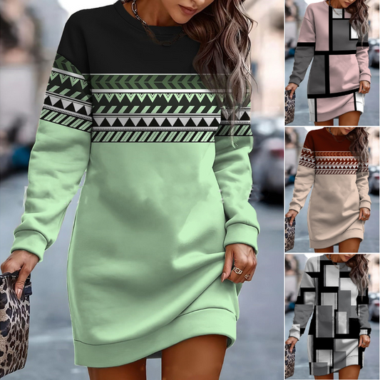 【S-3XL】Nowa jesienno-zimowa sukienka z kontrastowym nadrukiem z okrągłym dekoltem i bluzą z okrągłym dekoltem