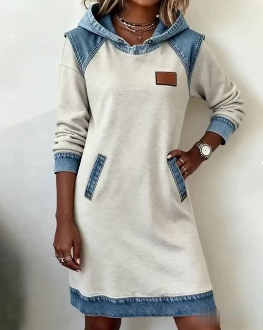 🔥【Kupite enega, enega dobite brezplačno】🌷🌞Nova zimska modna patchwork obleka s kapuco iz džinsa