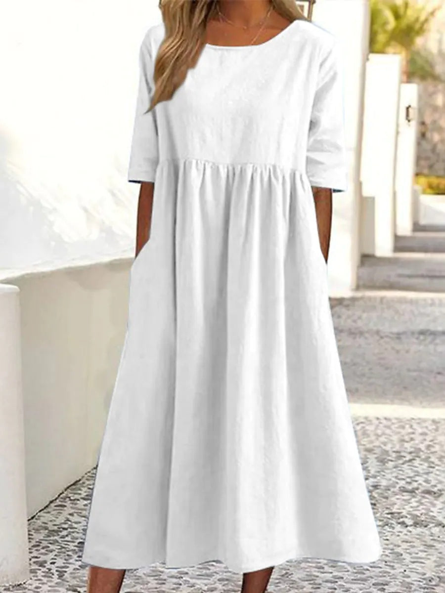 🌺✨【S-5XL】2026 Casualowa bawełniana sukienka w jednolitym kolorze z kieszeniami-4242052