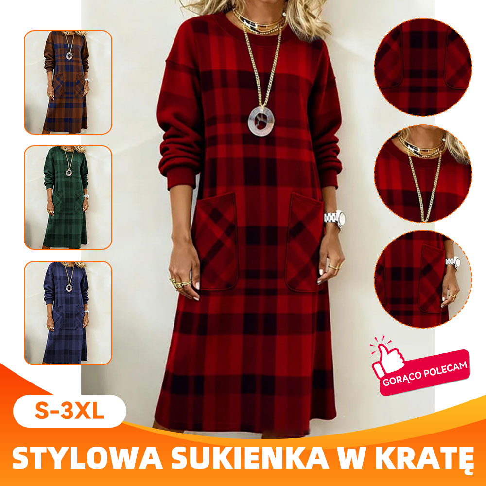 【S-3XL】Sukienka damska w kratę z długim rękawem na jesień i zimę-4212319