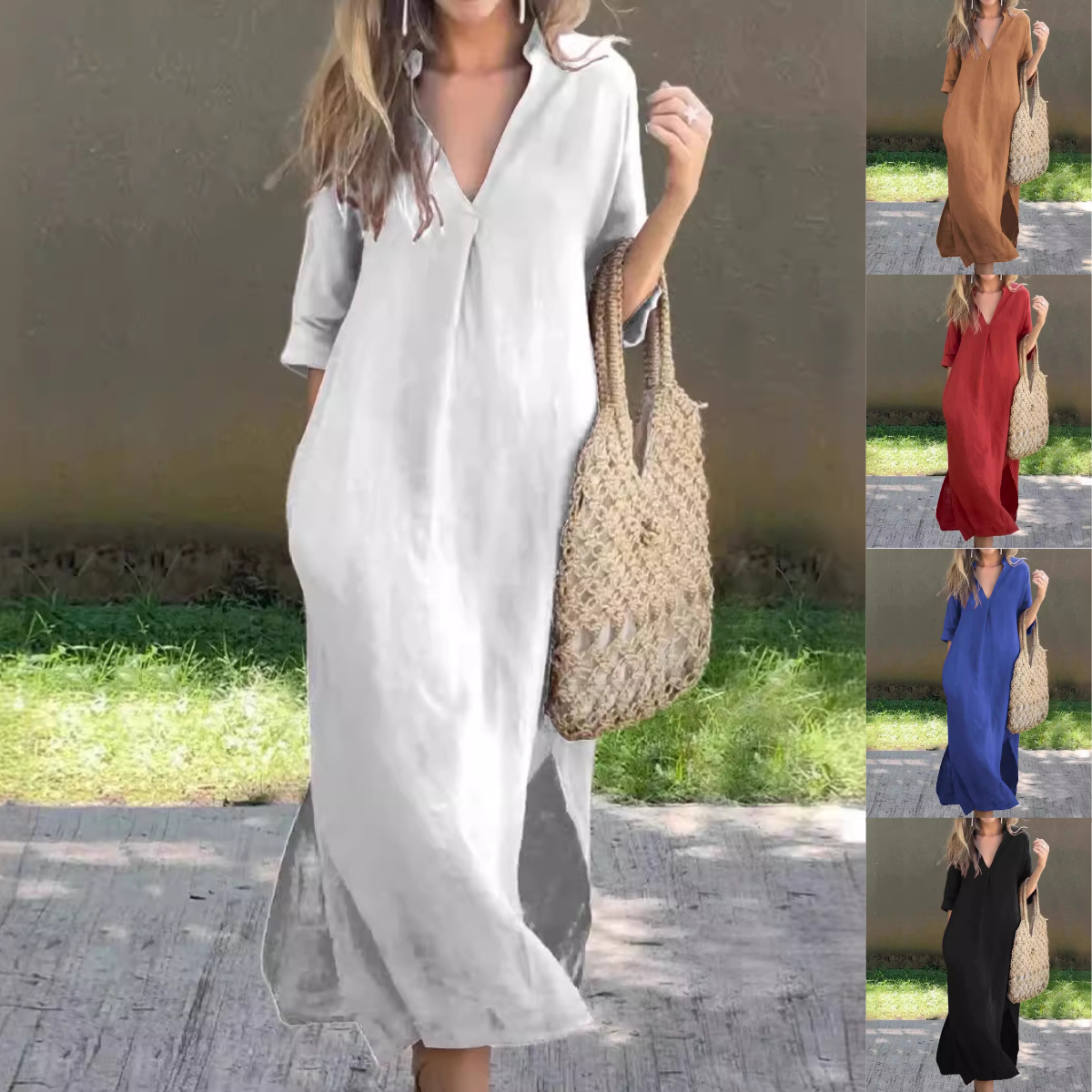 💃💋【50% zniżki 🔥】【S–3XL】Długa lniana spódnica z dekoltem w serek i rozcięciem, wygodna i lekka, idealna na lato