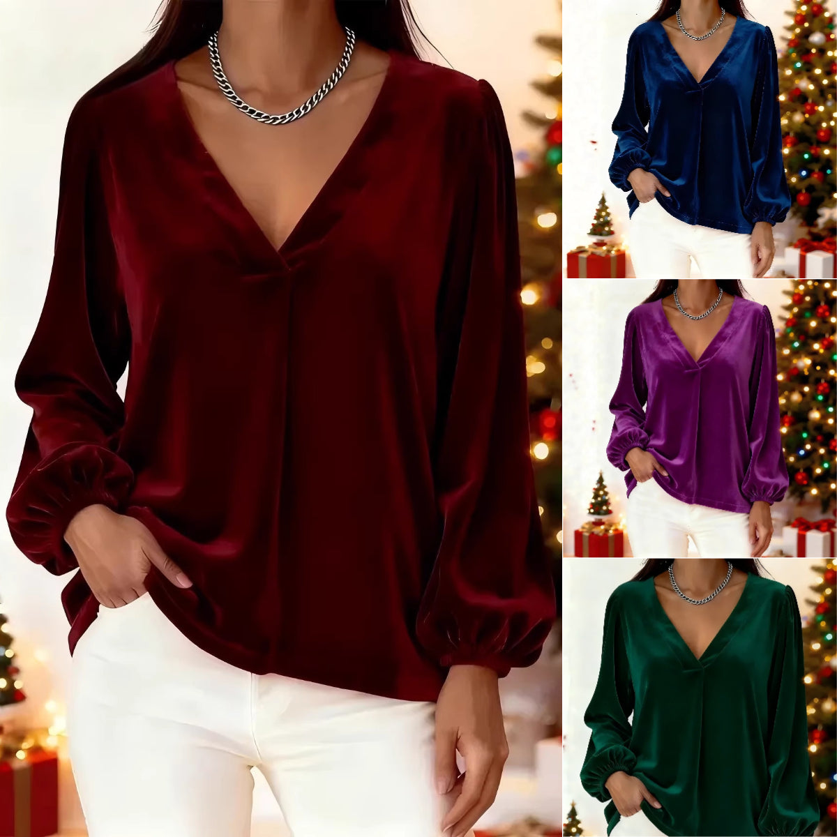 🥰🥰[M-3XL]🌺Camiseta de manga farol con cuello en V de terciopelo dorado de lujo, la más vendida