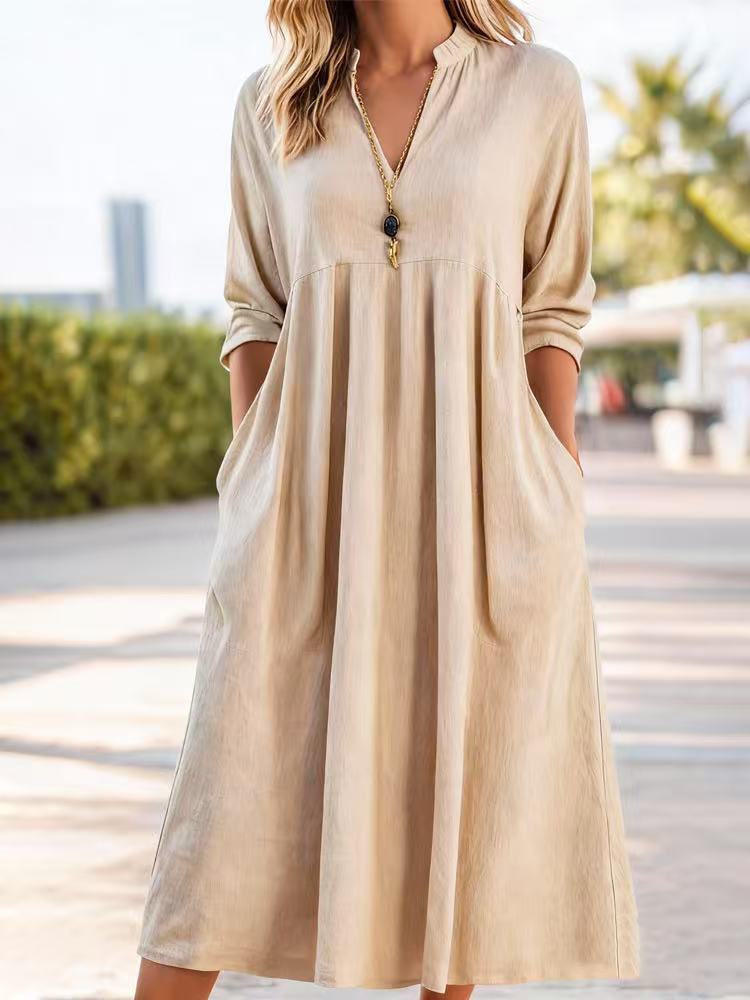 💃【50% zniżki】Nowa modna sukienka retro z dekoltem w serek z bawełny i lnu-4238995