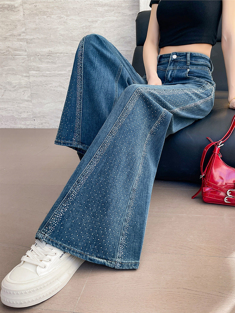 🌼【Specjalna oferta wiosenna】✨Damskie jeansy z szerokimi nogawkami i ćwiekami ze strasu-4253270
