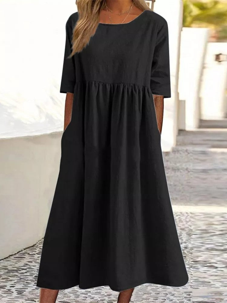 🌺✨【S-5XL】2026 Casualowa bawełniana sukienka w jednolitym kolorze z kieszeniami-4242052