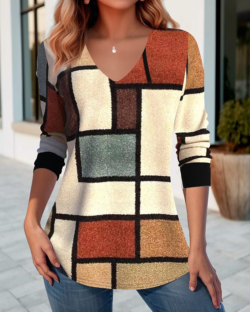 💥【S-5XL】Koszulka z nadrukiem jesiennym i dekoltem w serek-4113975