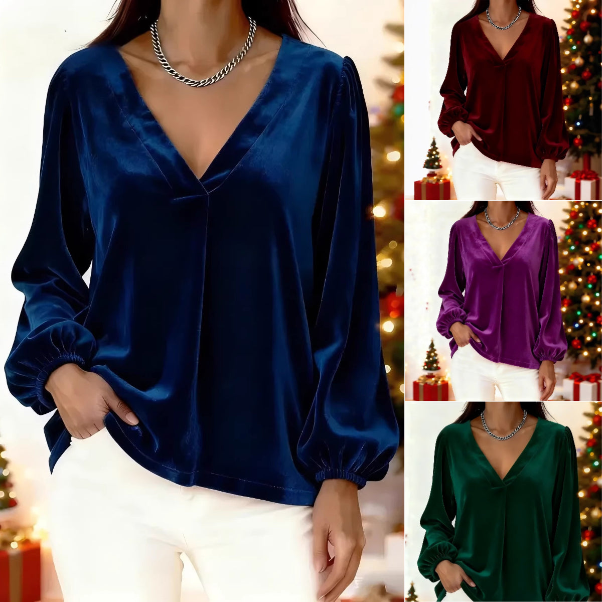 🥰🥰[M-3XL]🌺Camiseta de manga farol con cuello en V de terciopelo dorado de lujo, la más vendida