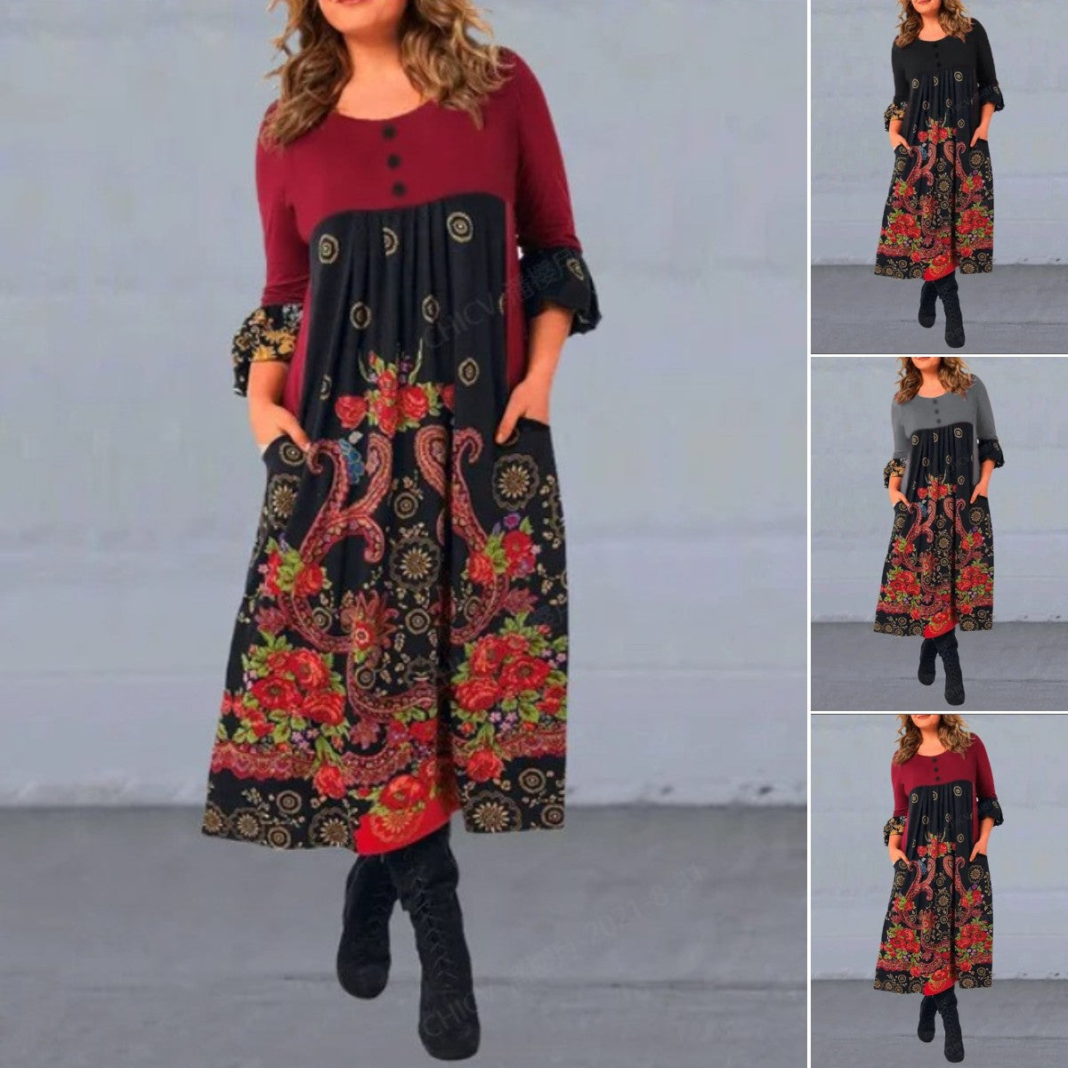 【S-5XL】👗2024 noua rochie casual cu maneca lunga cu imprimeu retro de toamna si iarna