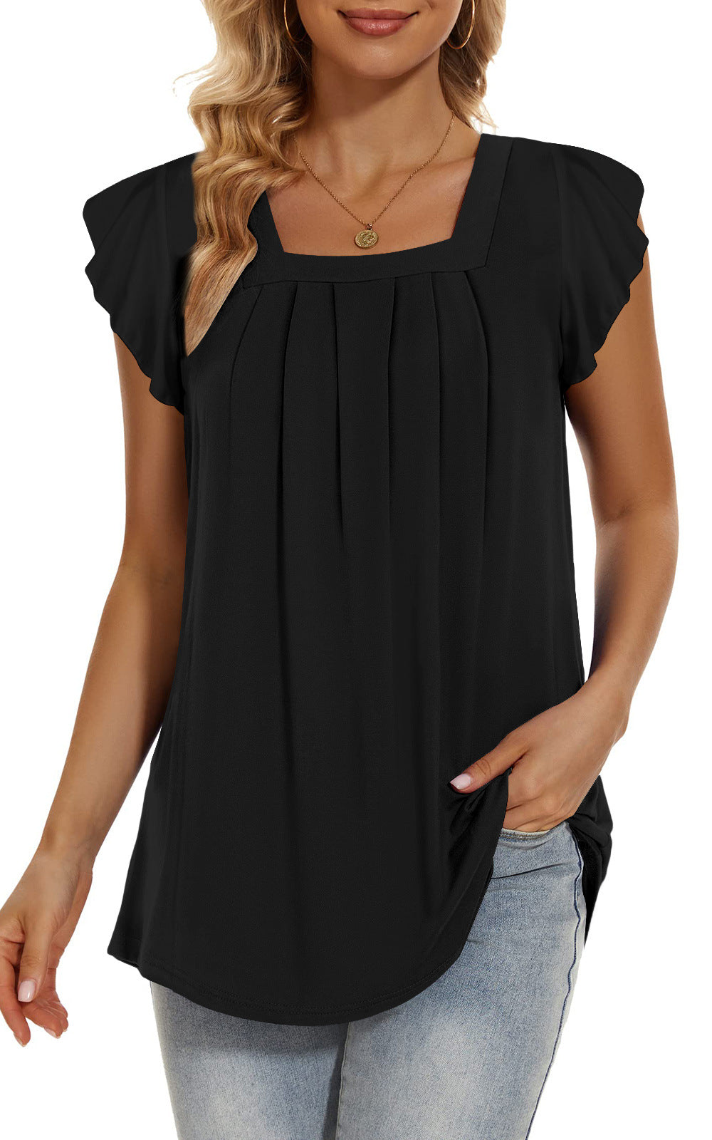 🔥🔥[S-2XL] Tricou nou de vară 2024, cu mânecă cu volane, cu gât pătrat