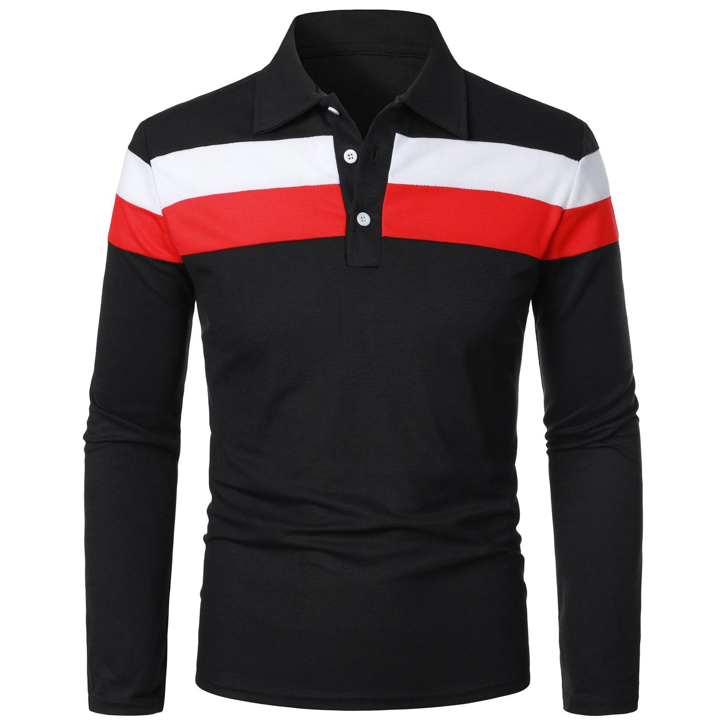 👔👕【50% zniżki 🔥】【S–5XL】Letnia męska koszulka polo z długim rękawem i kontrastowymi paskami na klatce piersiowej-4251171