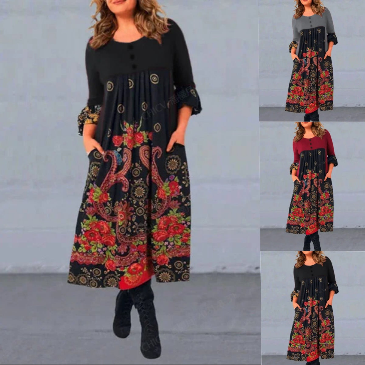 【S-5XL】👗2024 noua rochie casual cu maneca lunga cu imprimeu retro de toamna si iarna